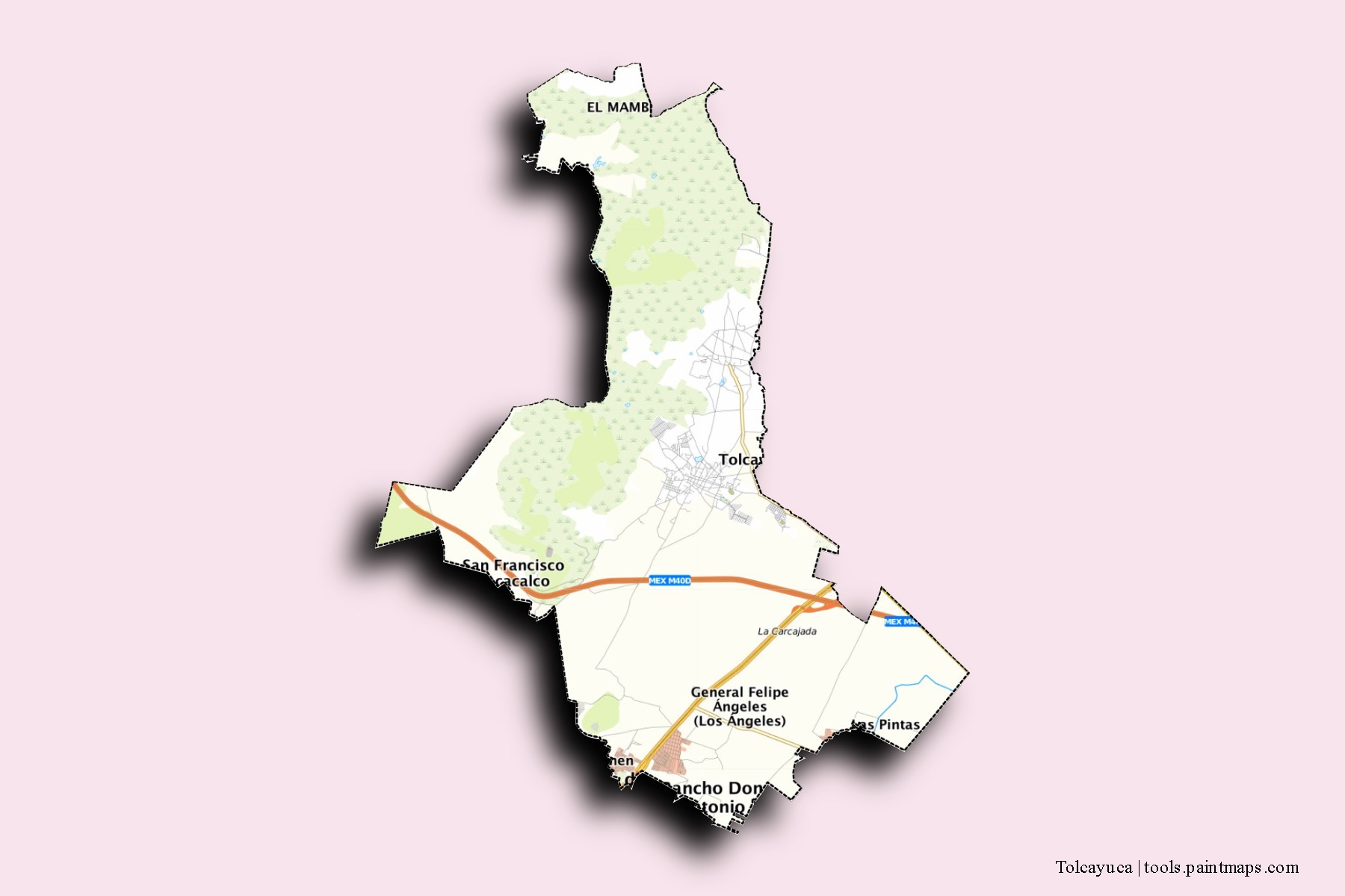 Mapa de barrios y pueblos de Tolcayuca con efecto de sombra 3D