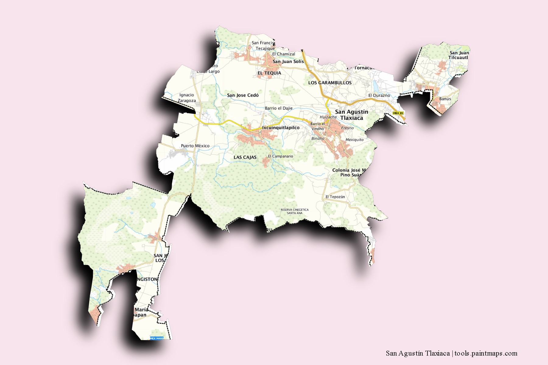 San Agustín Tlaxiaca neighborhoods and villages map with 3D shadow effect