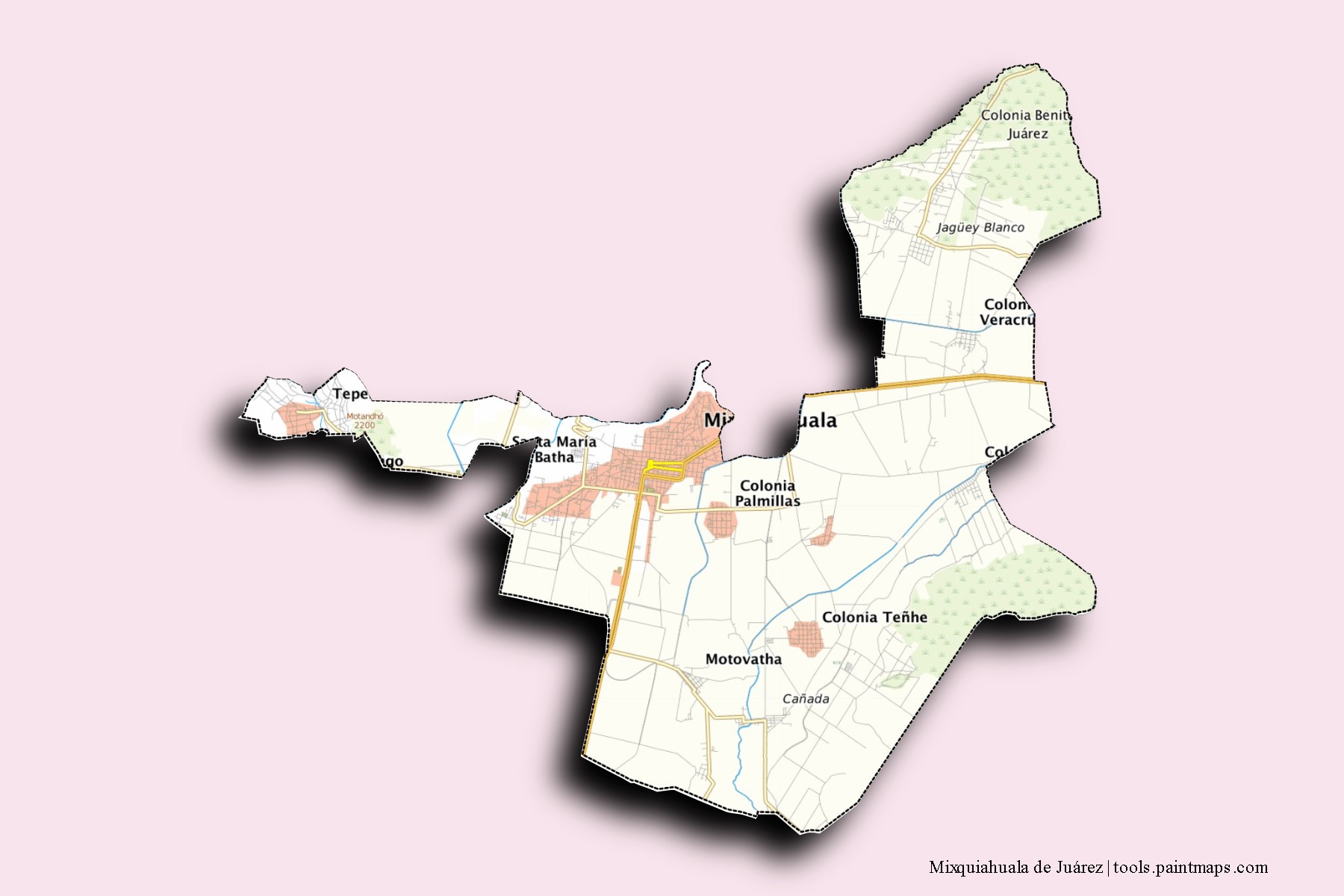 3D gölge efektli Mixquiahuala de Juárez mahalleleri ve köyleri haritası