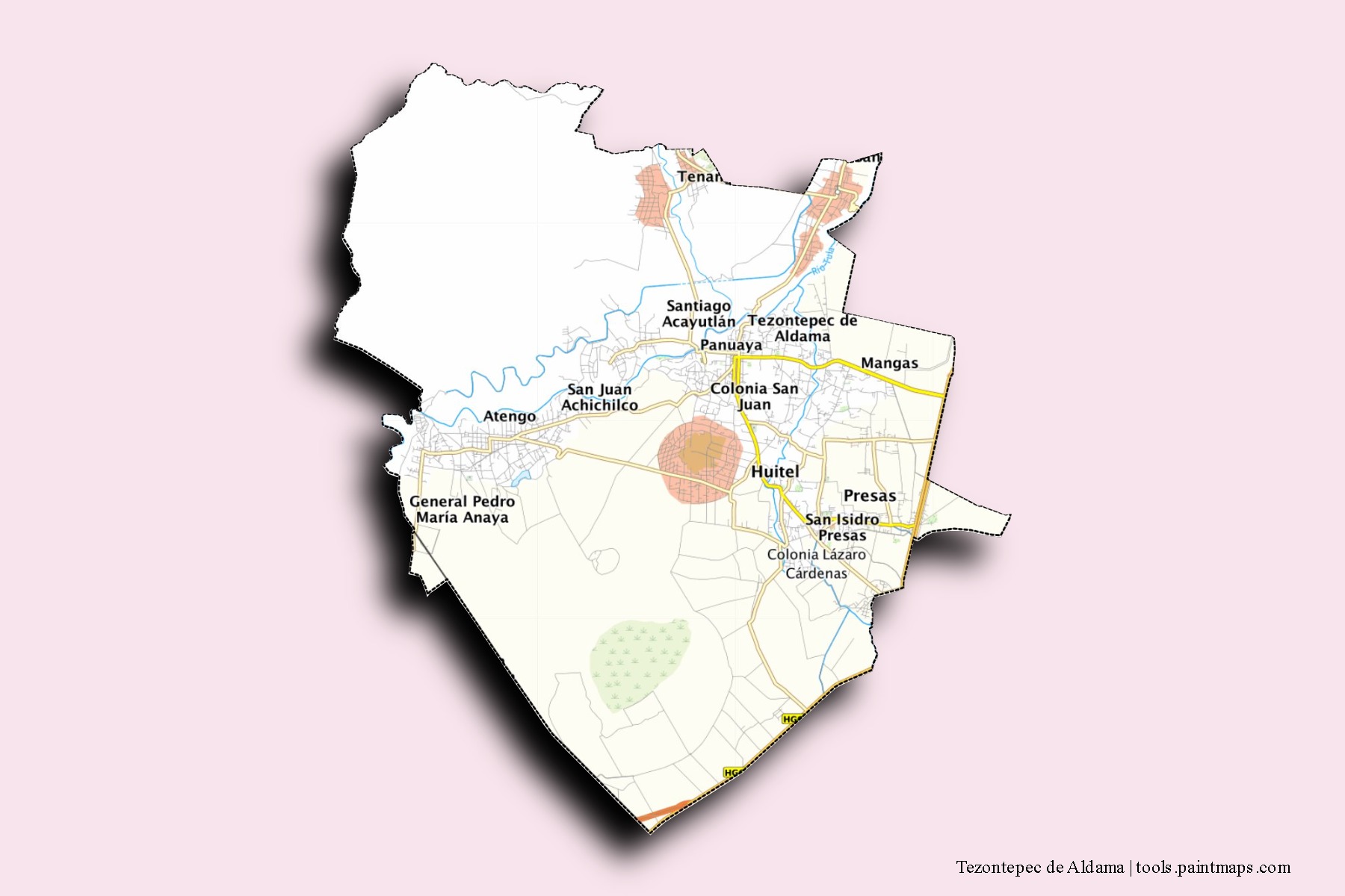 3D gölge efektli Tezontepec de Aldama mahalleleri ve köyleri haritası