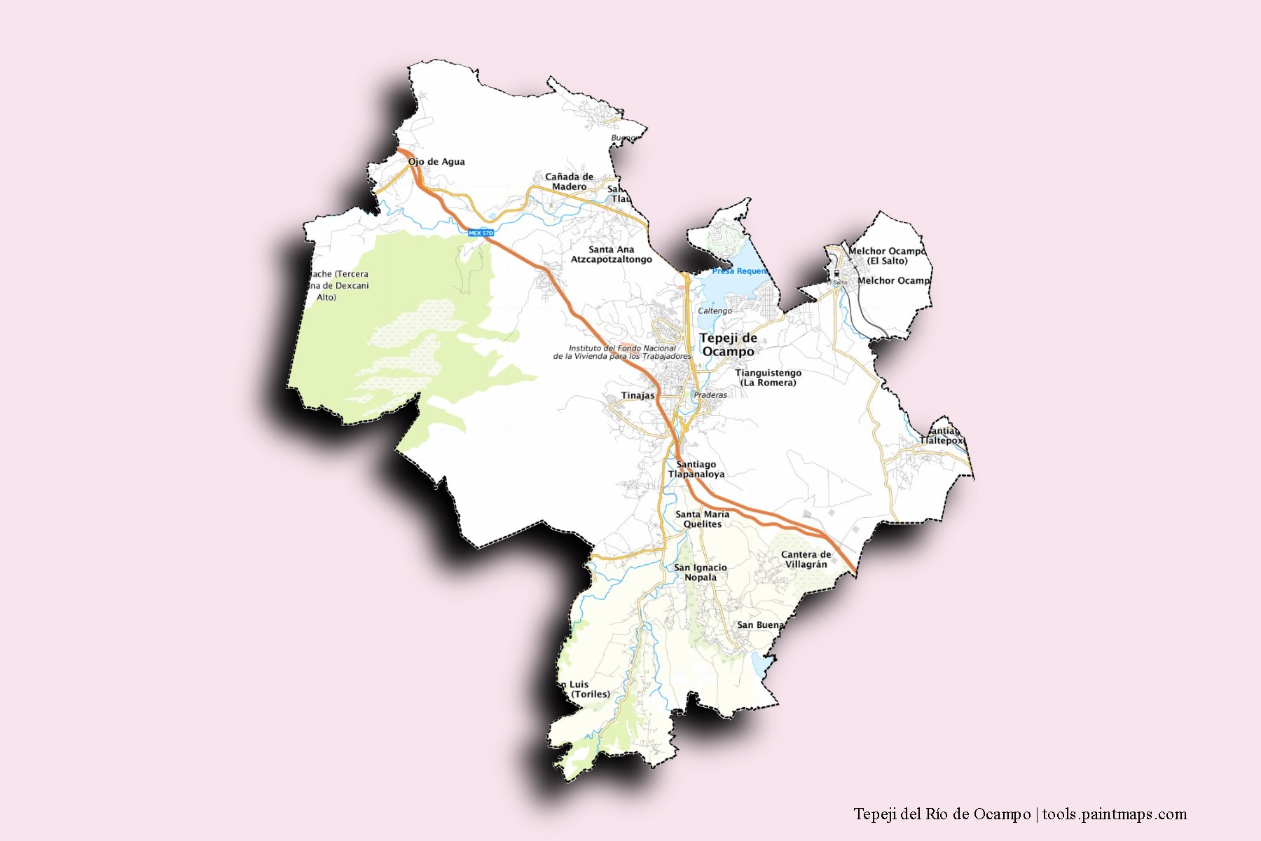 Mapa de barrios y pueblos de Tepeji del Río de Ocampo con efecto de sombra 3D