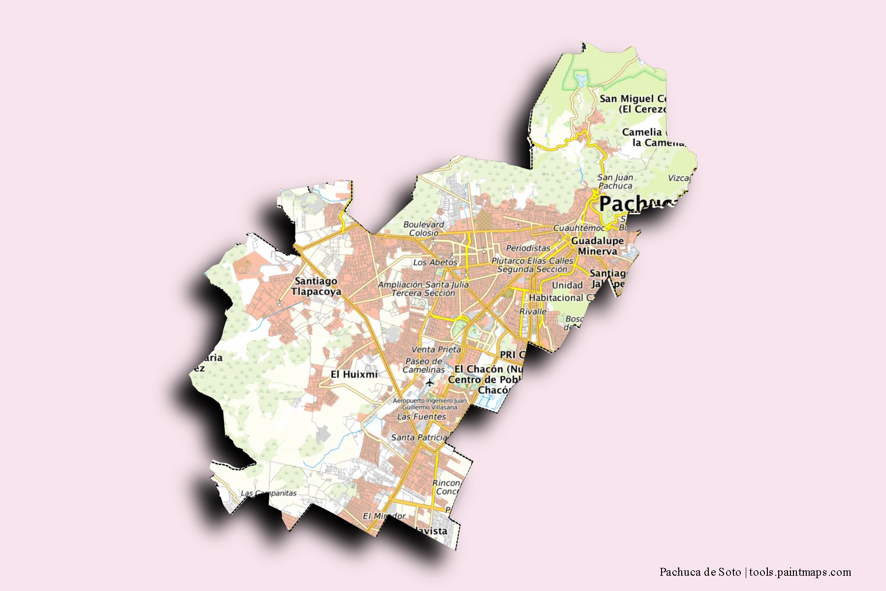 Pachuca de Soto neighborhoods and villages map with 3D shadow effect