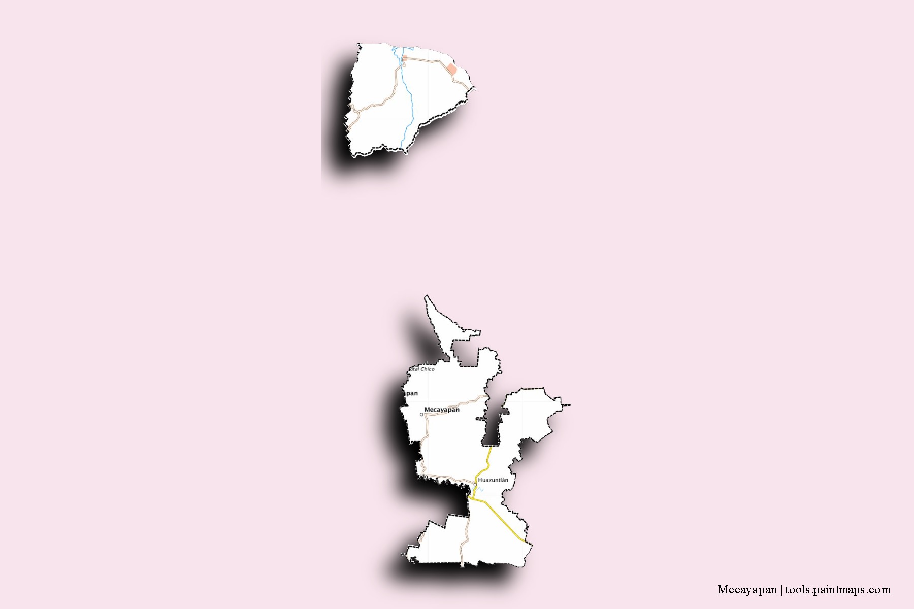 Mapa de barrios y pueblos de Mecayapan con efecto de sombra 3D