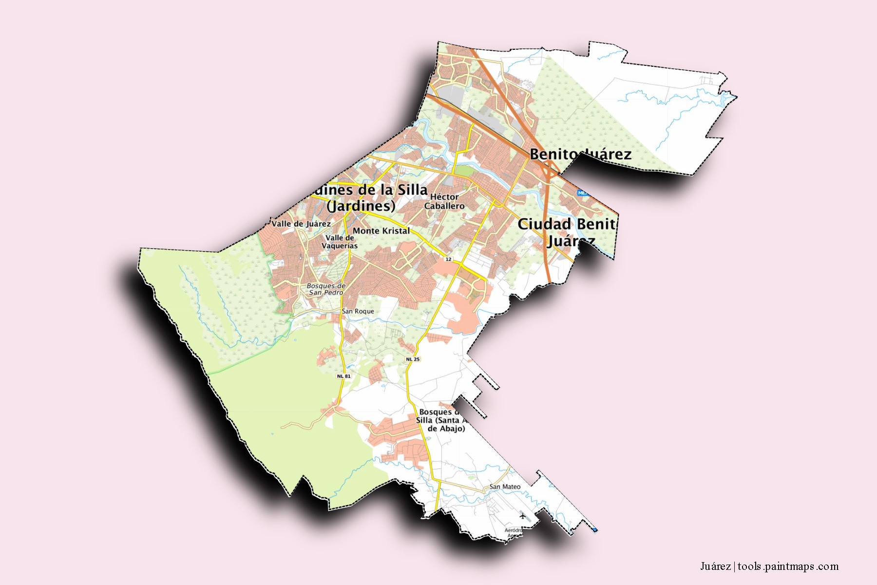 Juárez neighborhoods and villages map with 3D shadow effect