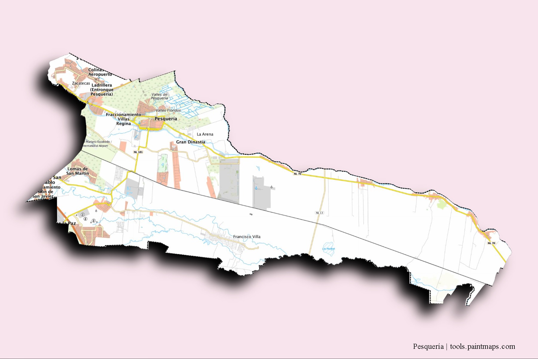 Mapa de barrios y pueblos de Pesquería con efecto de sombra 3D