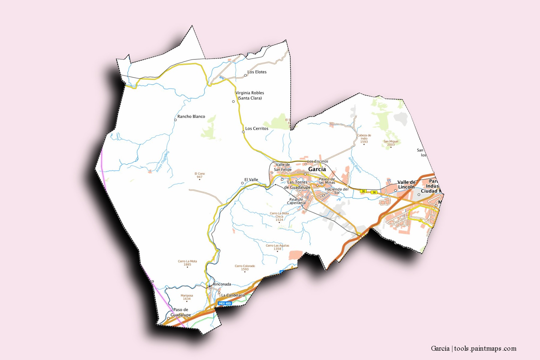 Mapa de barrios y pueblos de García con efecto de sombra 3D