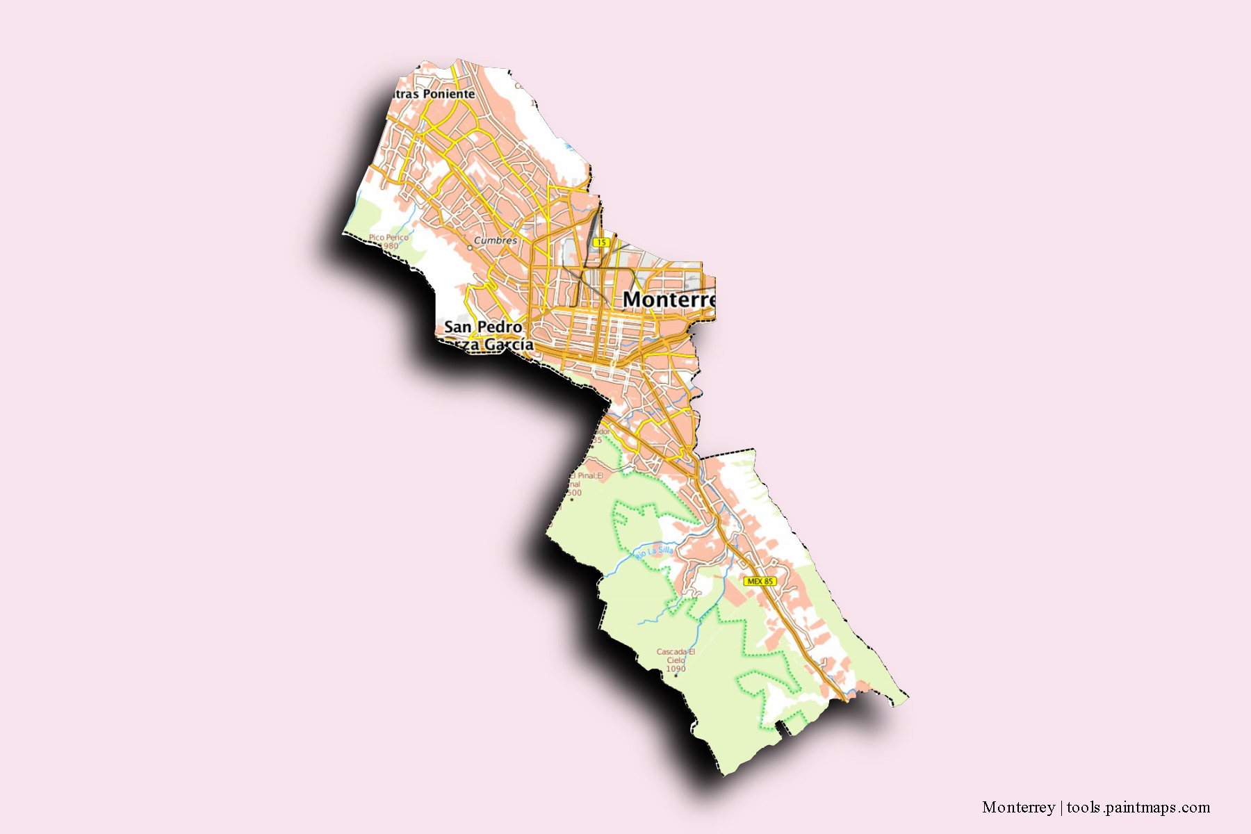 Monterrey neighborhoods and villages map with 3D shadow effect