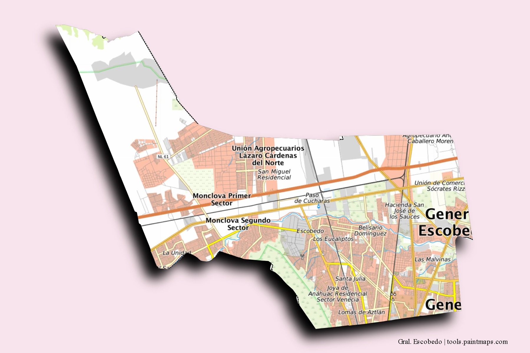 General Escobedo neighborhoods and villages map with 3D shadow effect