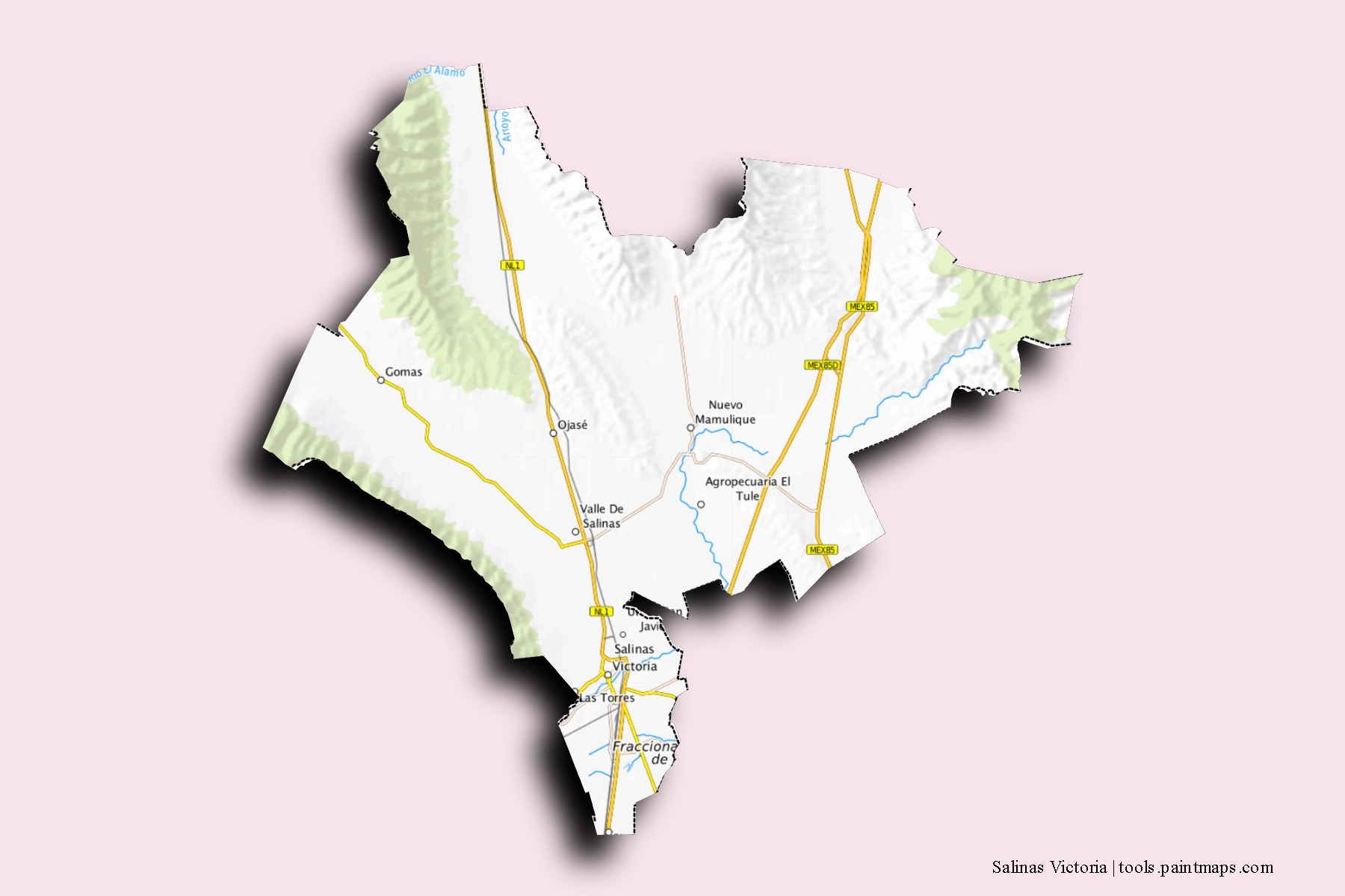 Mapa de barrios y pueblos de Salinas Victoria con efecto de sombra 3D