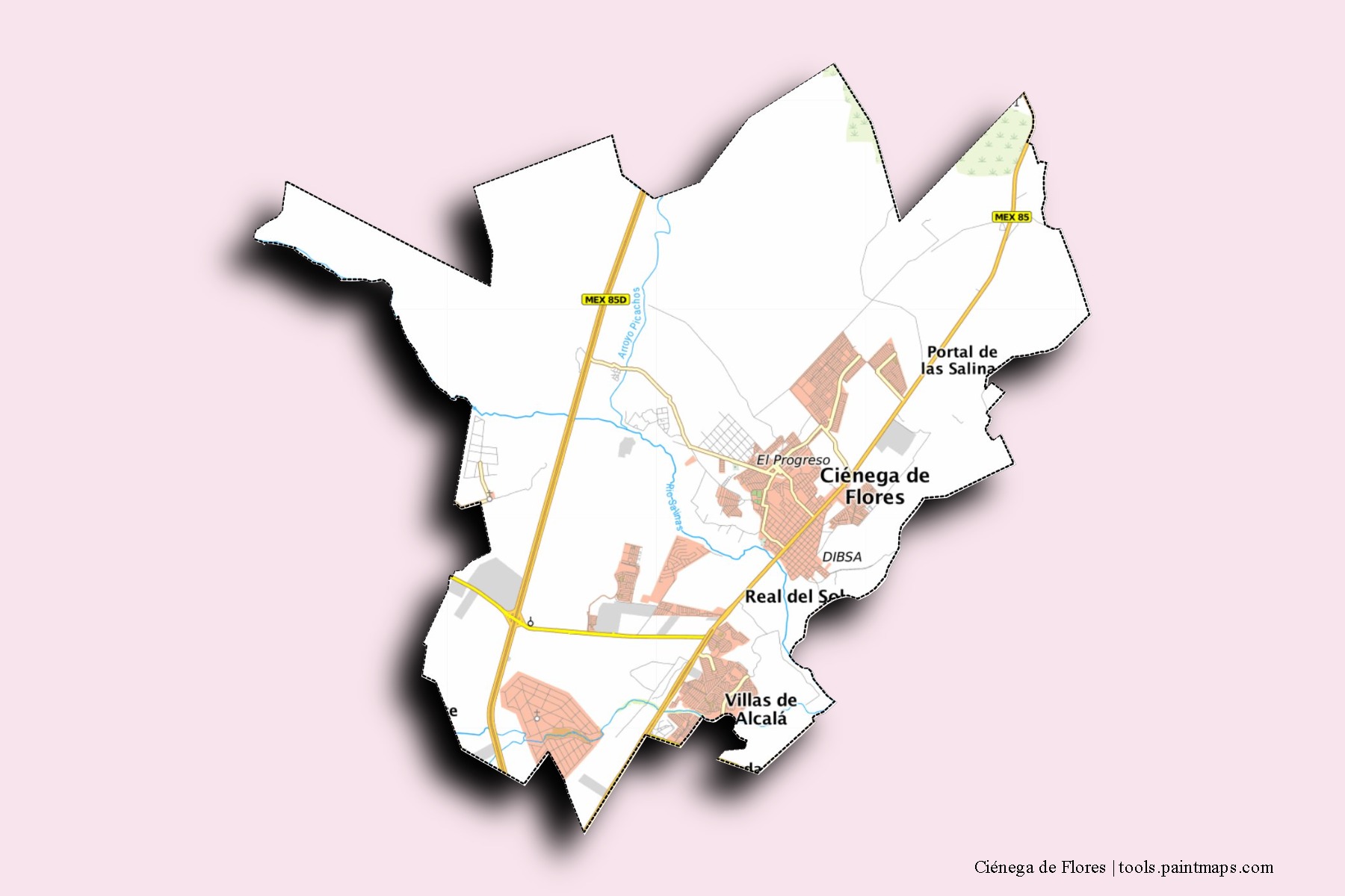 Ciénega de Flores neighborhoods and villages map with 3D shadow effect