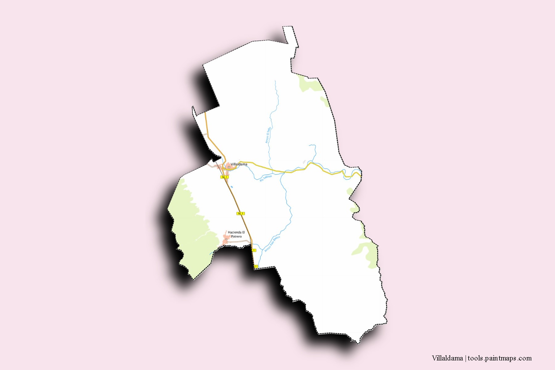 Mapa de barrios y pueblos de Villaldama con efecto de sombra 3D