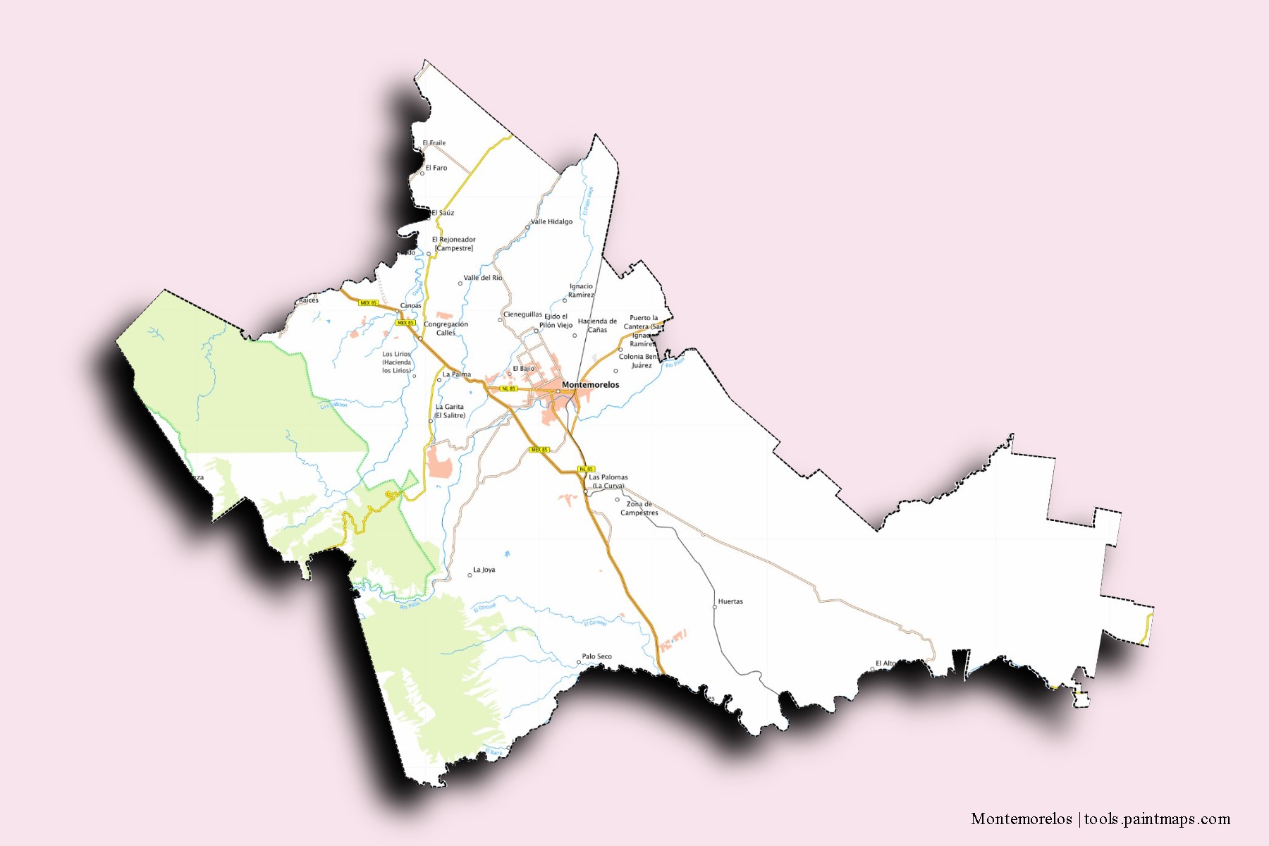 3D gölge efektli Montemorelos mahalleleri ve köyleri haritası