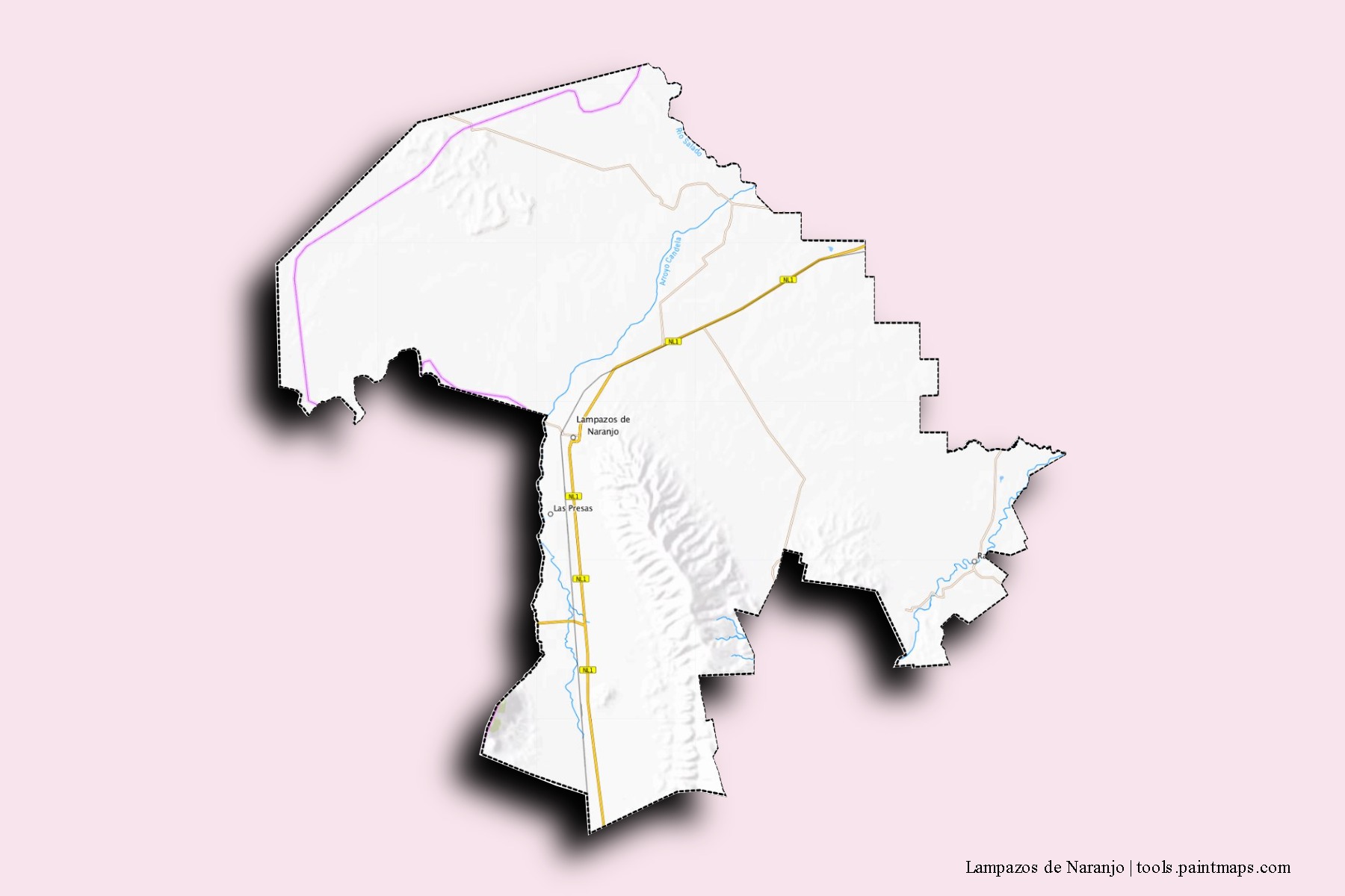 Lampazos de Naranjo neighborhoods and villages map with 3D shadow effect