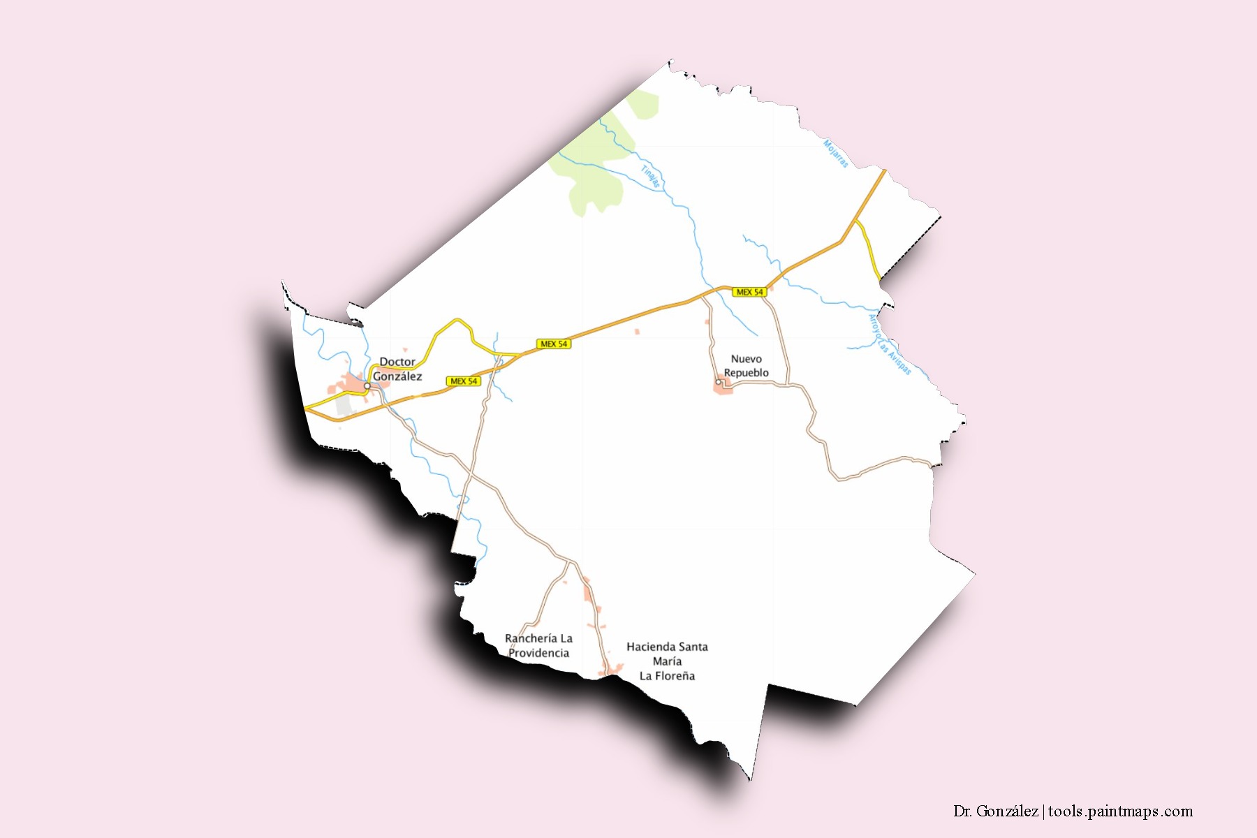 Doctor González neighborhoods and villages map with 3D shadow effect