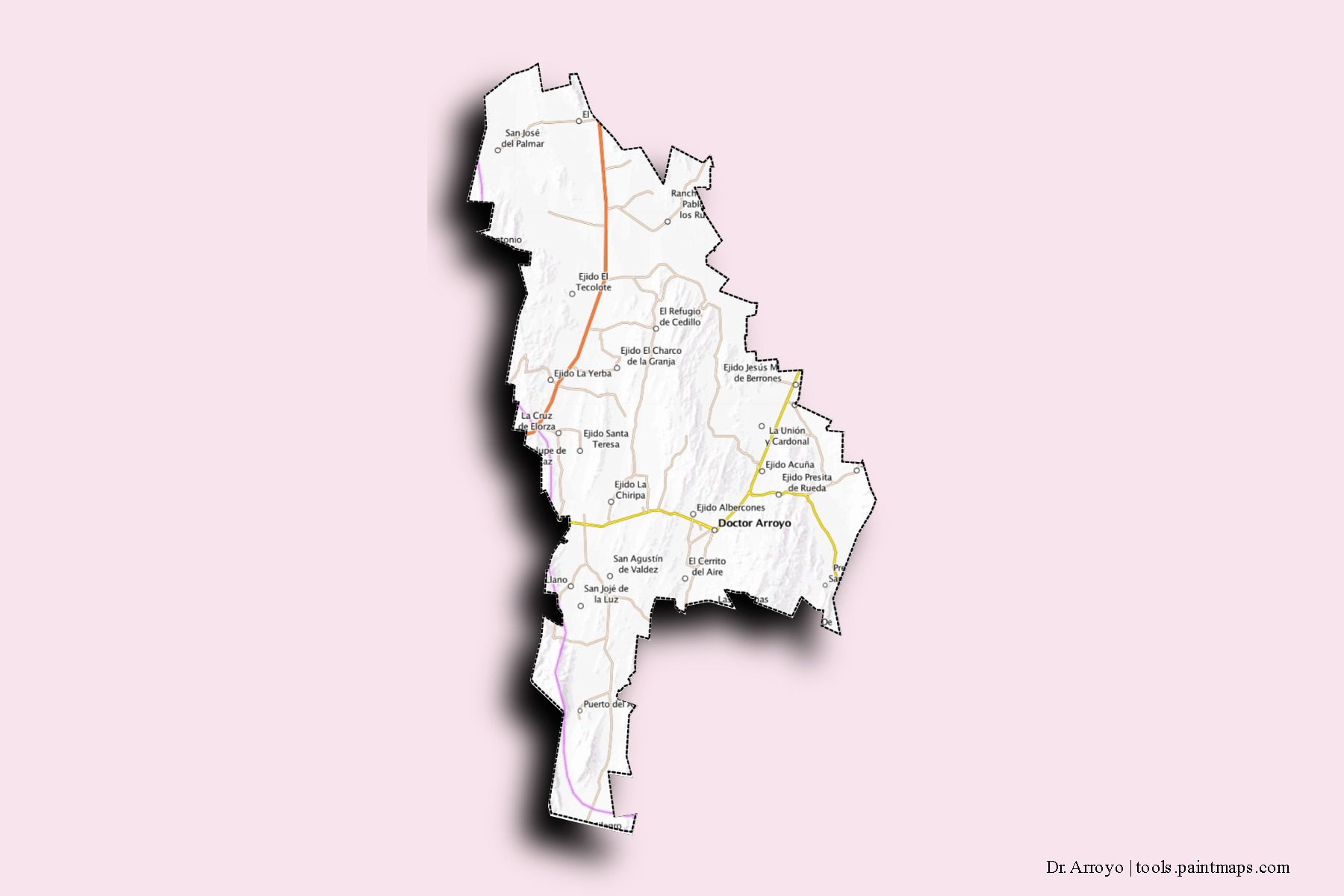 Doctor Arroyo neighborhoods and villages map with 3D shadow effect