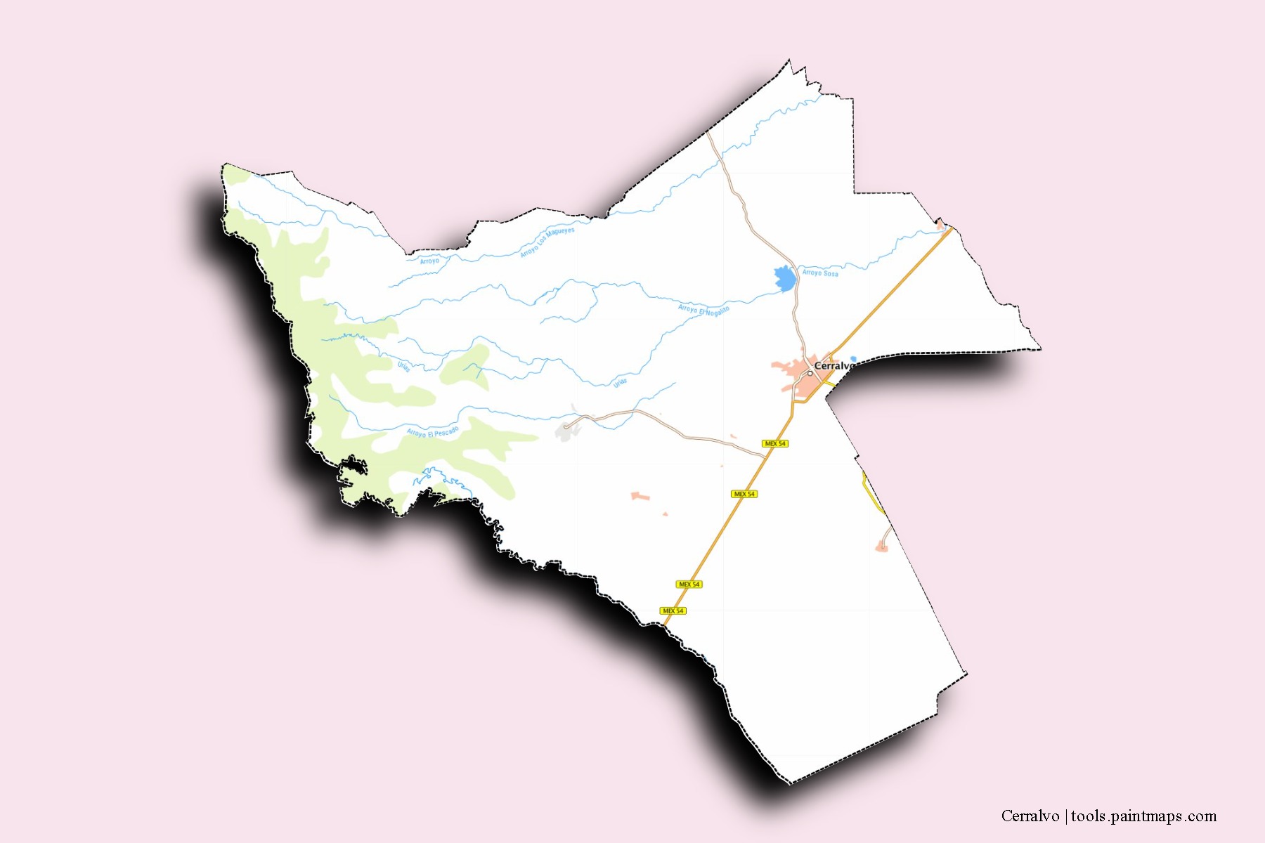 Cerralvo neighborhoods and villages map with 3D shadow effect