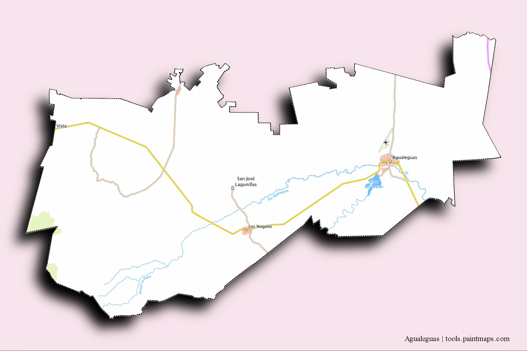 Mapa de barrios y pueblos de Agualeguas con efecto de sombra 3D