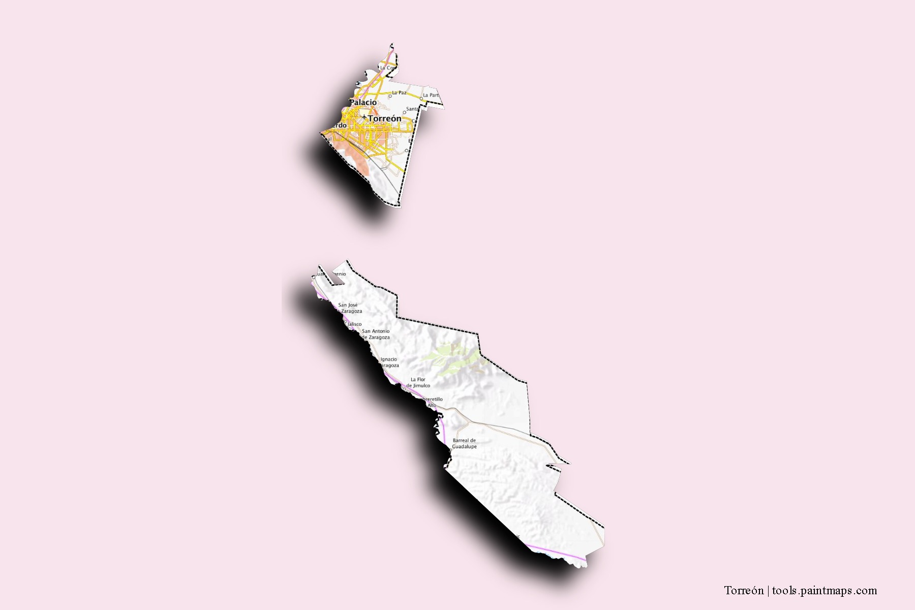 Torreón neighborhoods and villages map with 3D shadow effect