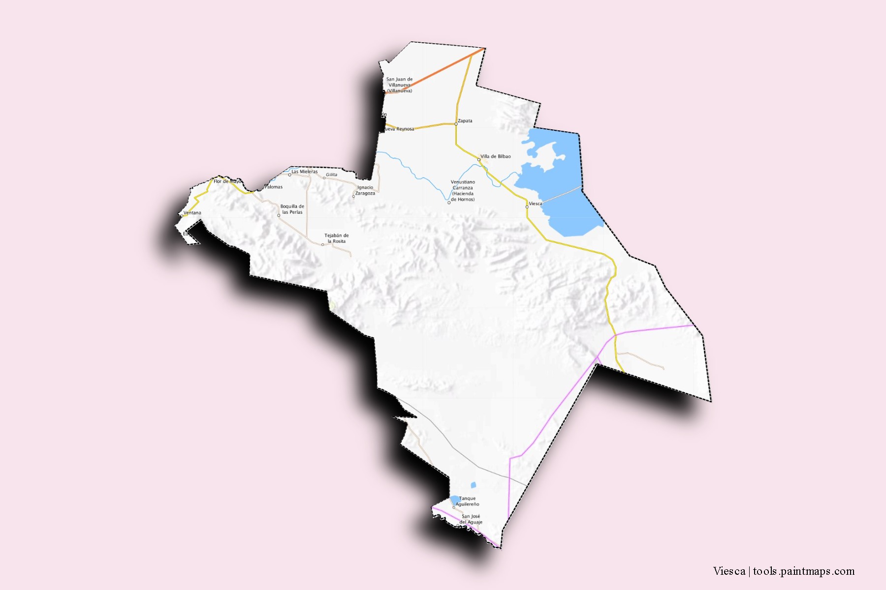 Mapa de barrios y pueblos de Viesca con efecto de sombra 3D