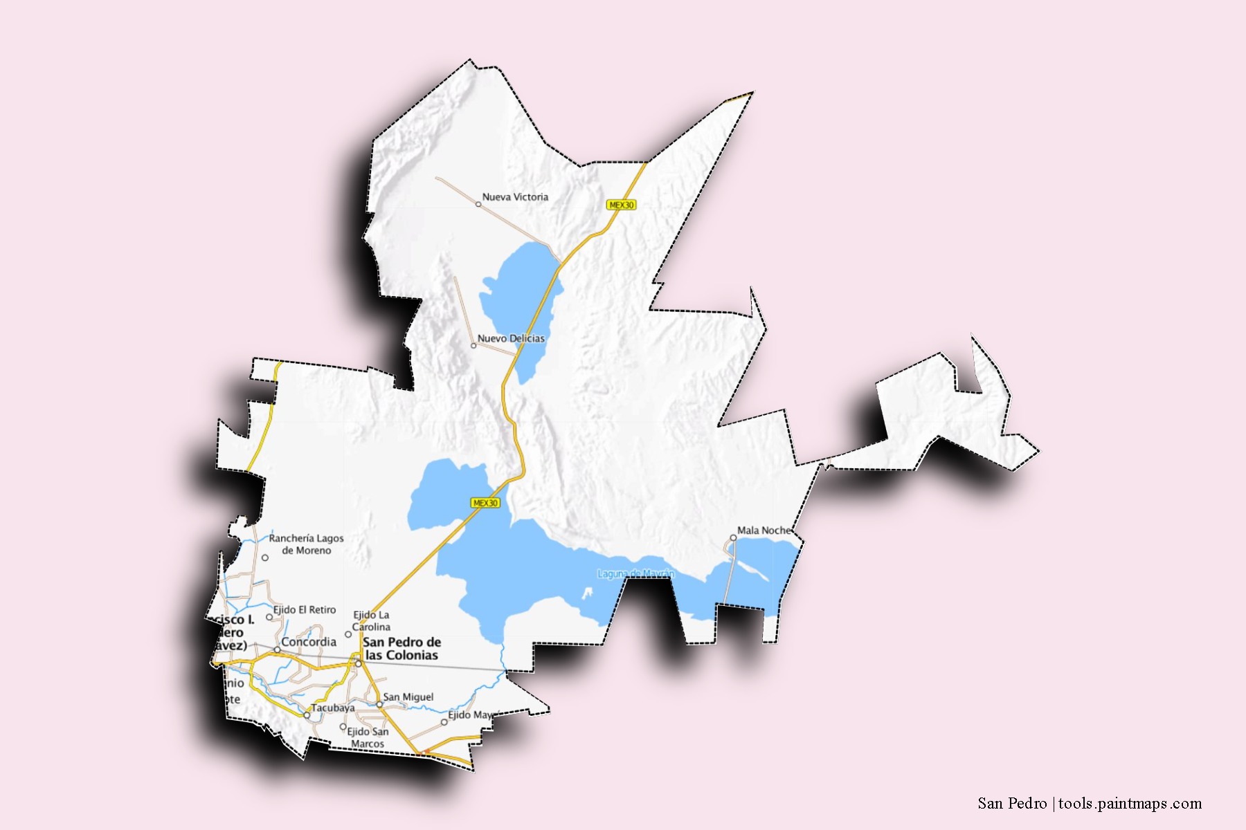 San Pedro neighborhoods and villages map with 3D shadow effect