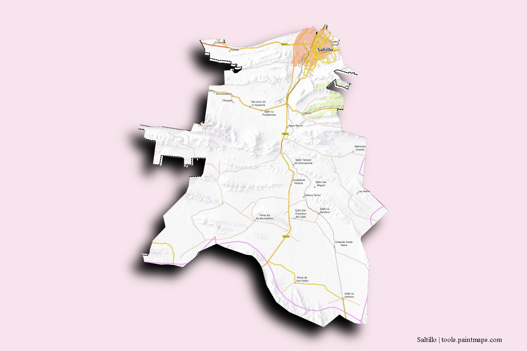 Saltillo neighborhoods and villages map with 3D shadow effect