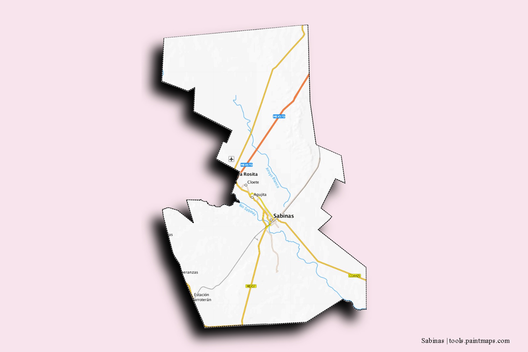 Sabinas neighborhoods and villages map with 3D shadow effect