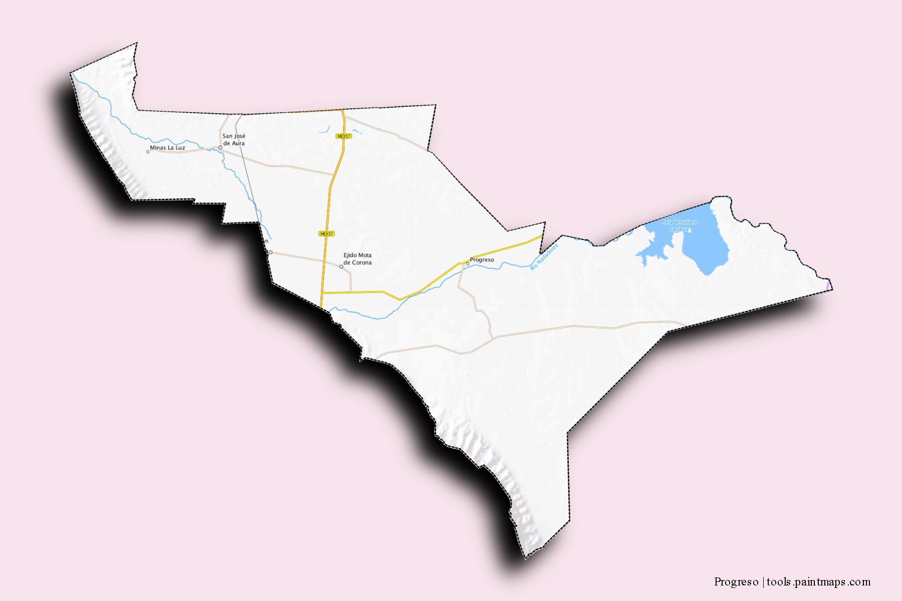 Mapa de barrios y pueblos de Progreso con efecto de sombra 3D