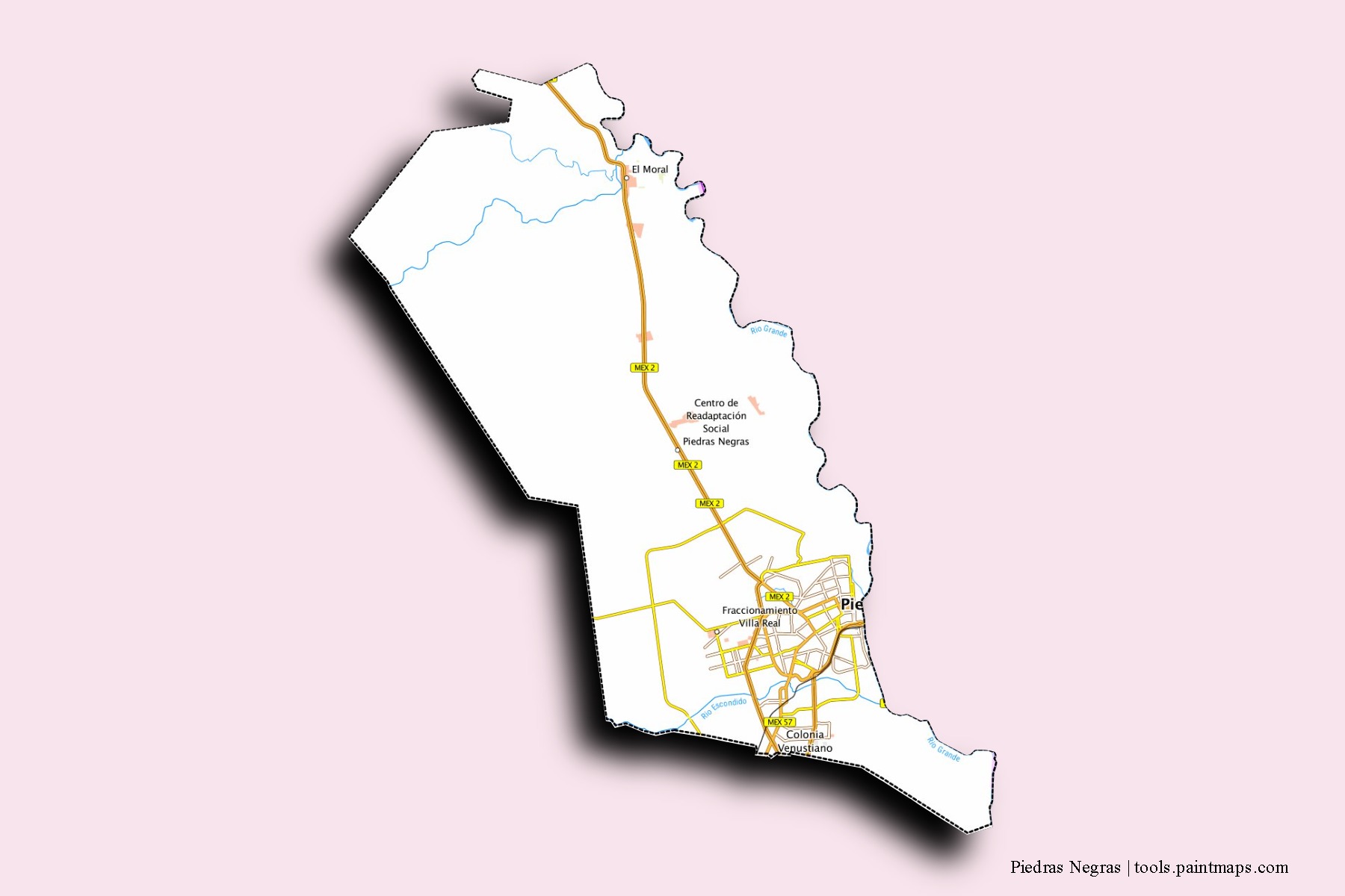 Piedras Negras neighborhoods and villages map with 3D shadow effect