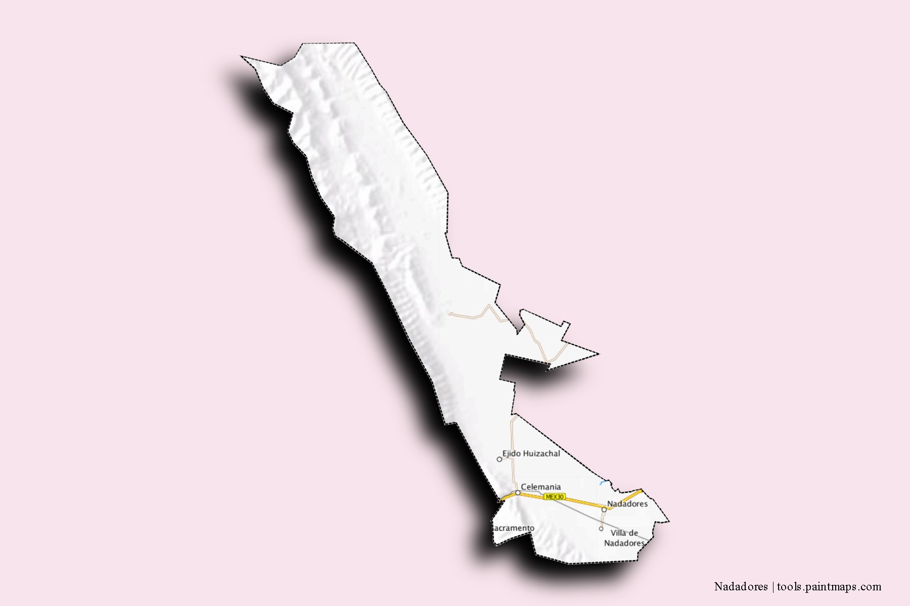 Mapa de barrios y pueblos de Nadadores con efecto de sombra 3D