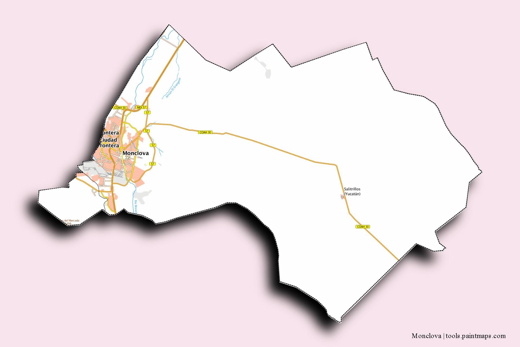 Monclova neighborhoods and villages map with 3D shadow effect