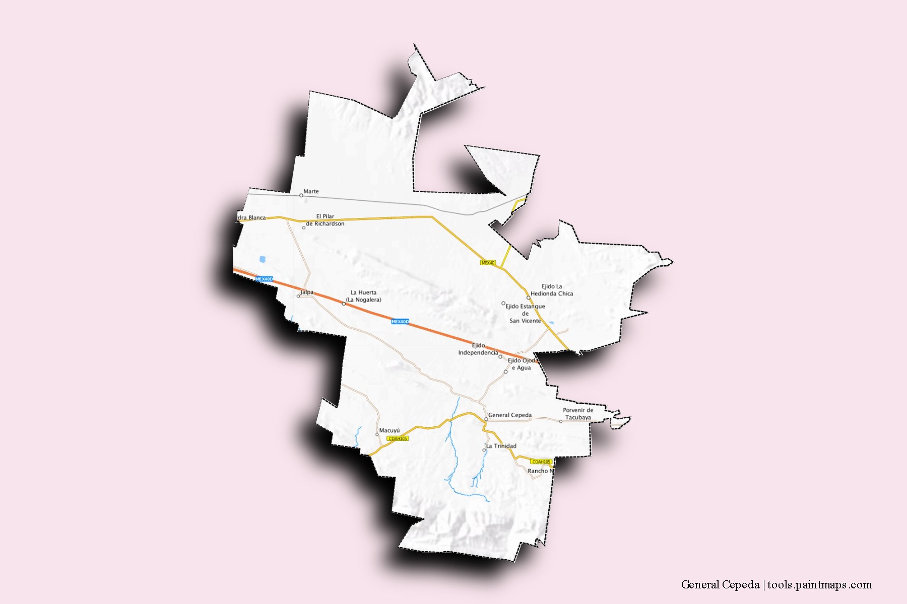 General Cepeda neighborhoods and villages map with 3D shadow effect