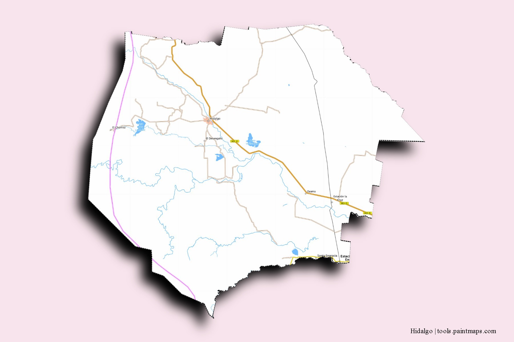 Mapa de barrios y pueblos de Hidalgo con efecto de sombra 3D