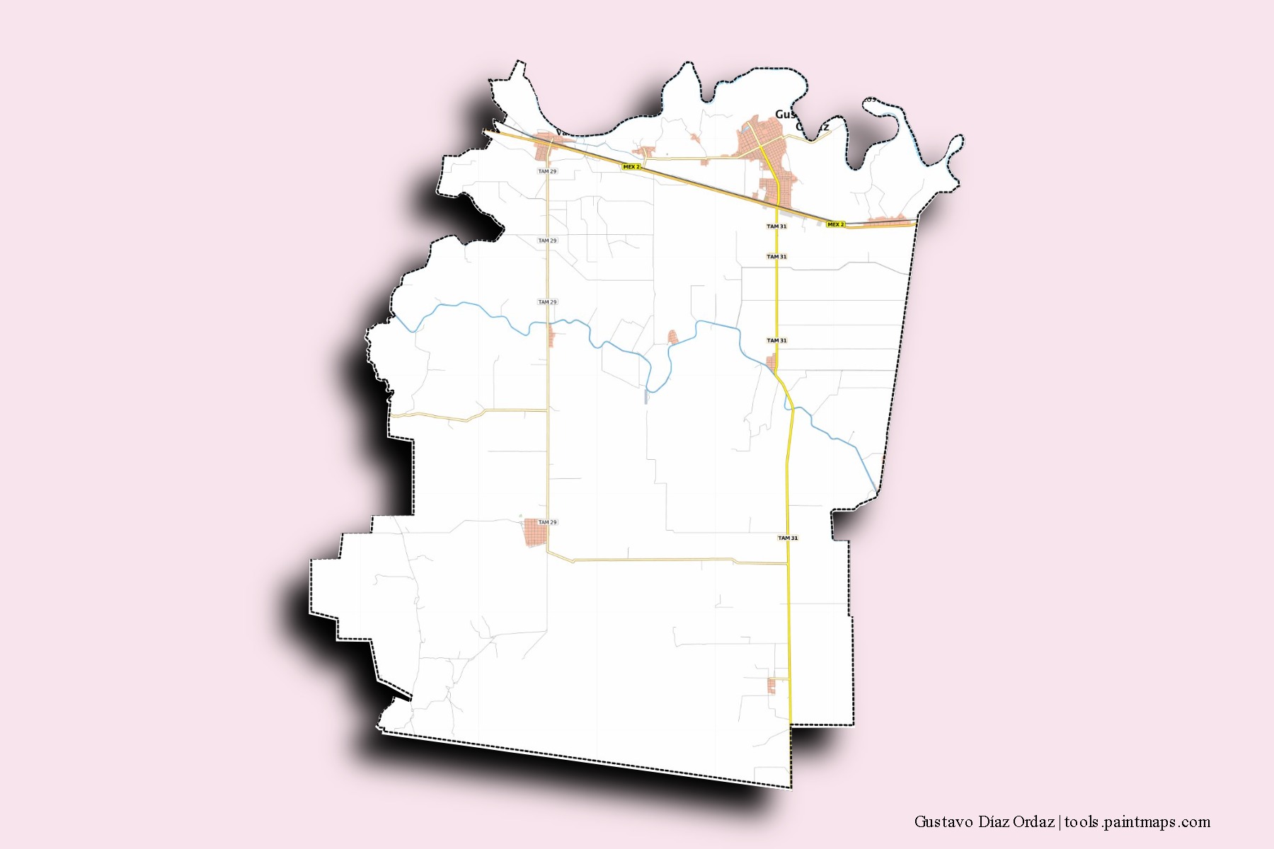 Gustavo Díaz Ordáz neighborhoods and villages map with 3D shadow effect