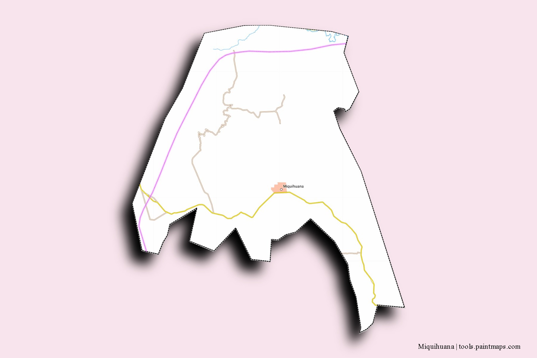 3D gölge efektli Miquihuana mahalleleri ve köyleri haritası