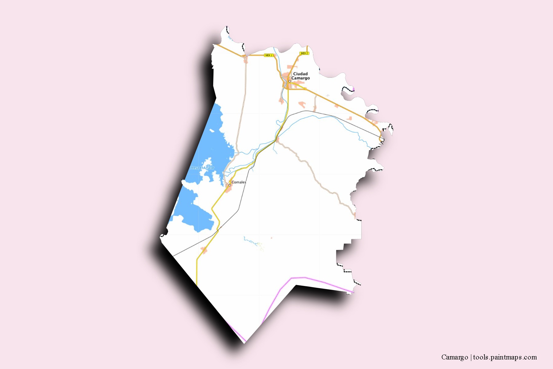 Camargo neighborhoods and villages map with 3D shadow effect