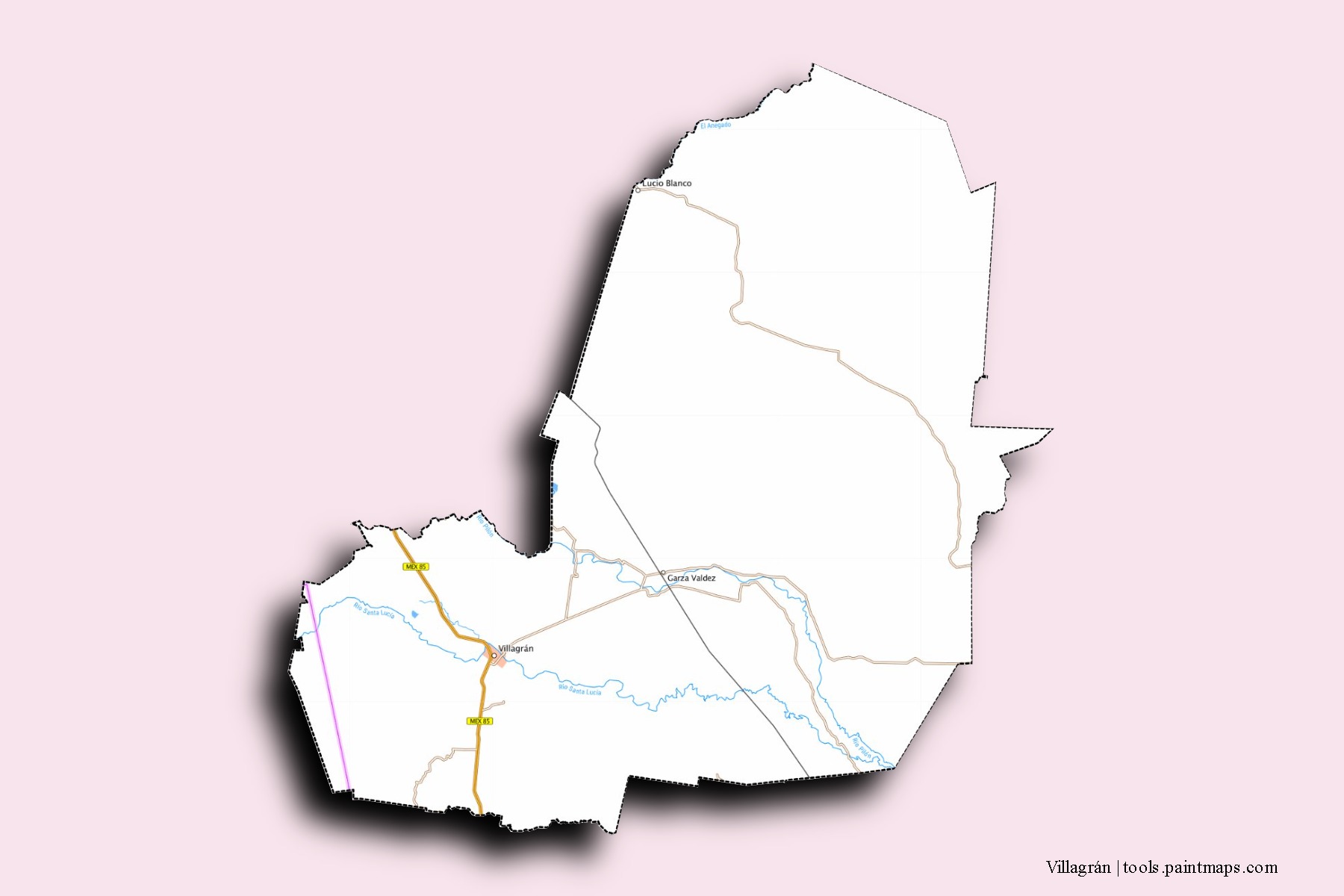 Villagrán neighborhoods and villages map with 3D shadow effect