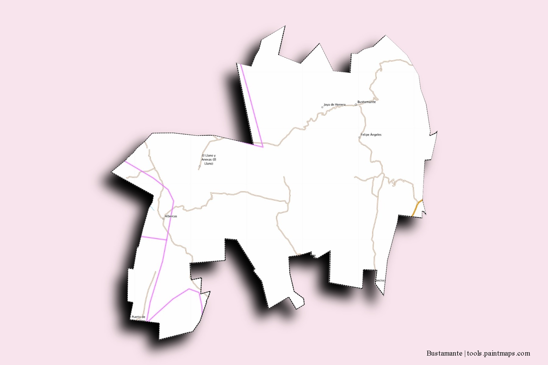 Mapa de barrios y pueblos de Bustamante con efecto de sombra 3D