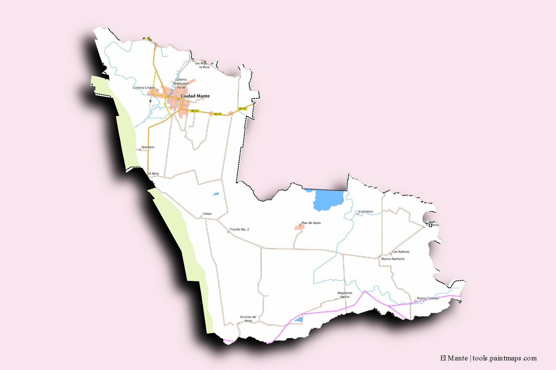 Mapa de barrios y pueblos de El Mante con efecto de sombra 3D