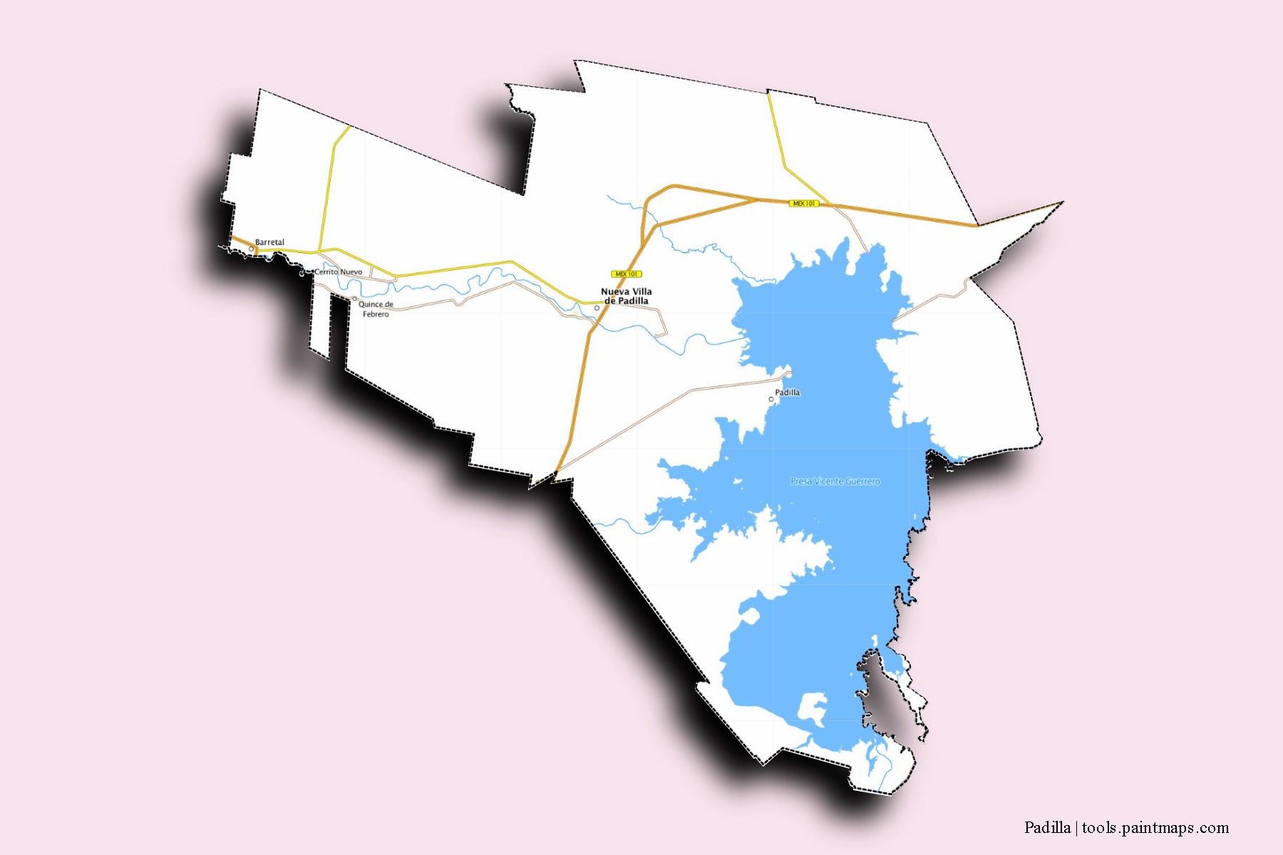 Mapa de barrios y pueblos de Padilla con efecto de sombra 3D