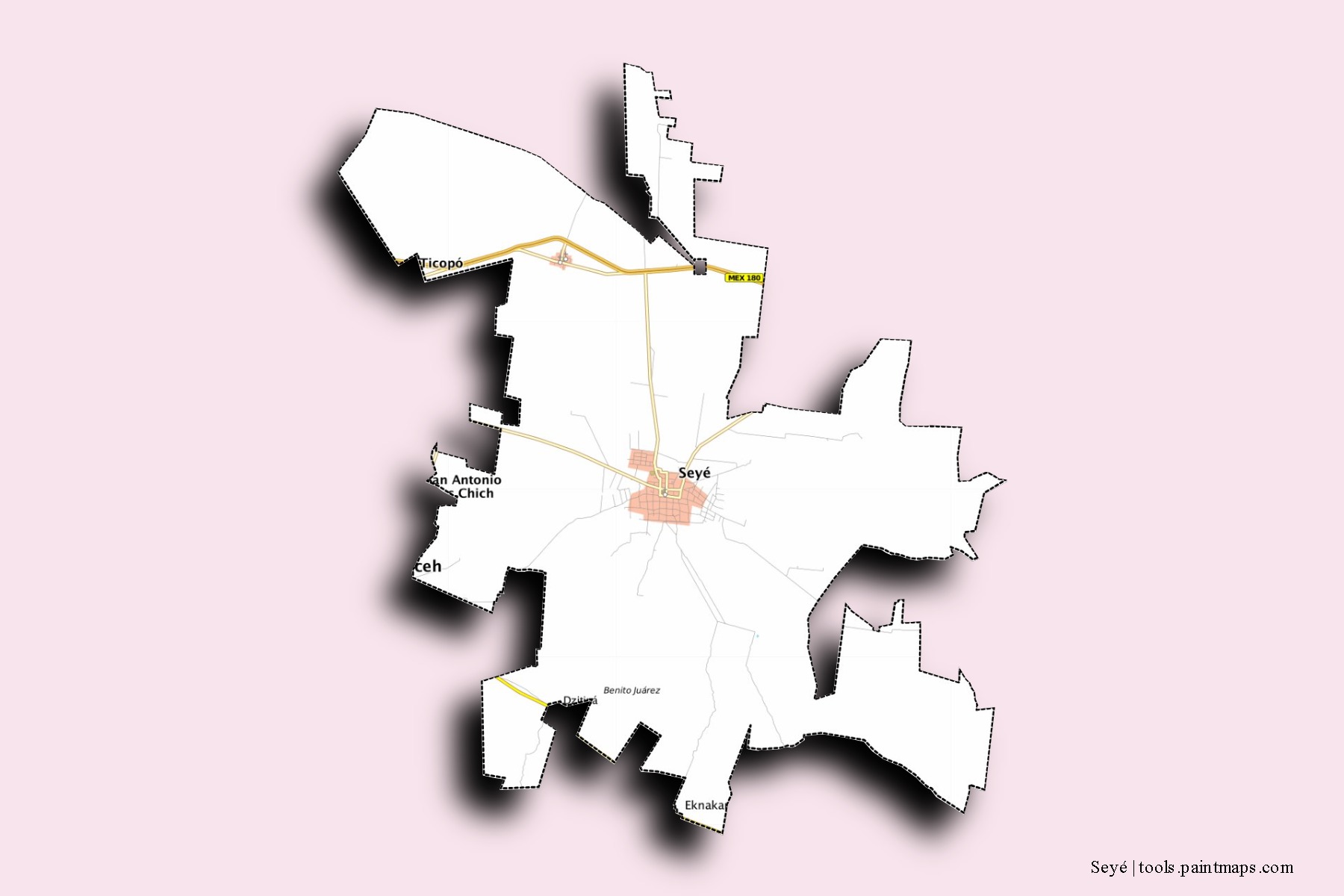 Mapa de barrios y pueblos de Seyé con efecto de sombra 3D