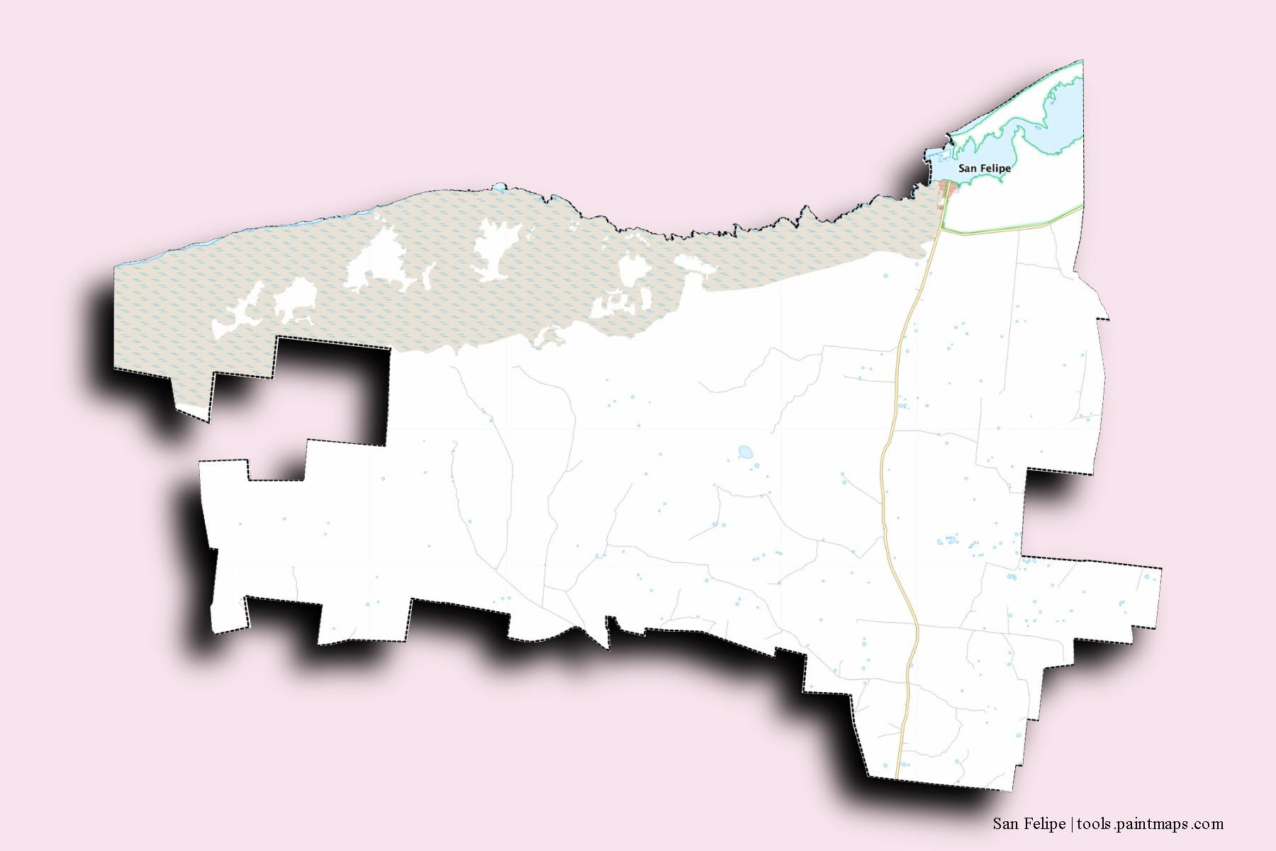 Mapa de barrios y pueblos de San Felipe con efecto de sombra 3D