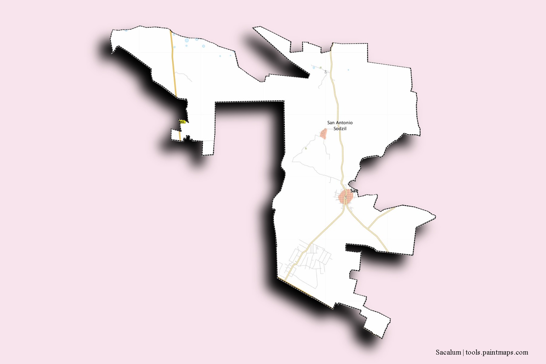 Mapa de barrios y pueblos de Sacalum con efecto de sombra 3D