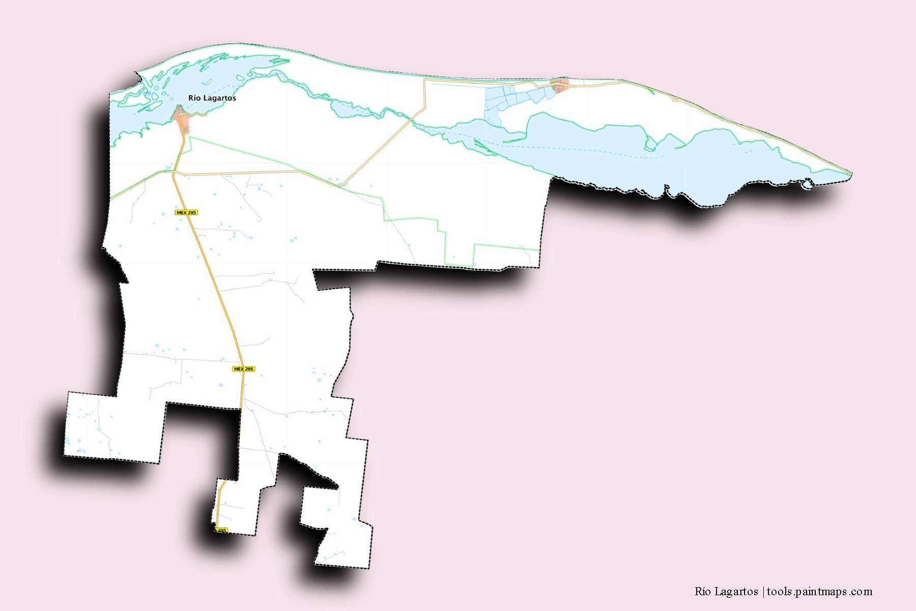 Río Lagartos neighborhoods and villages map with 3D shadow effect