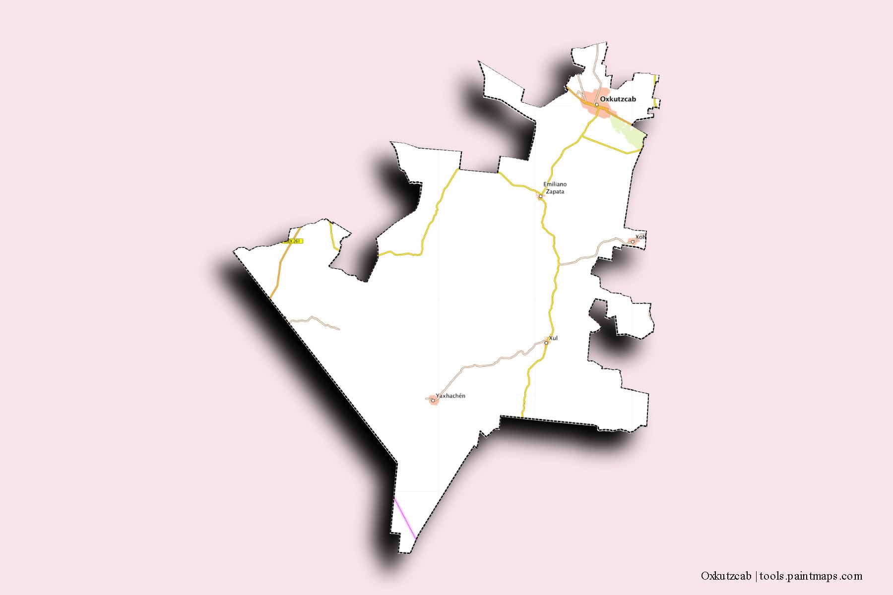 Oxkutzcab neighborhoods and villages map with 3D shadow effect