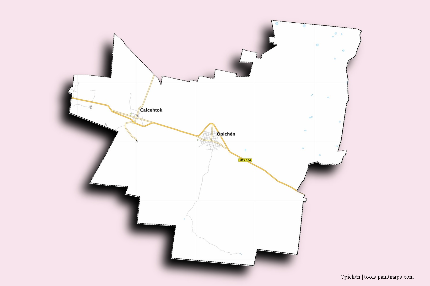 Opichén neighborhoods and villages map with 3D shadow effect