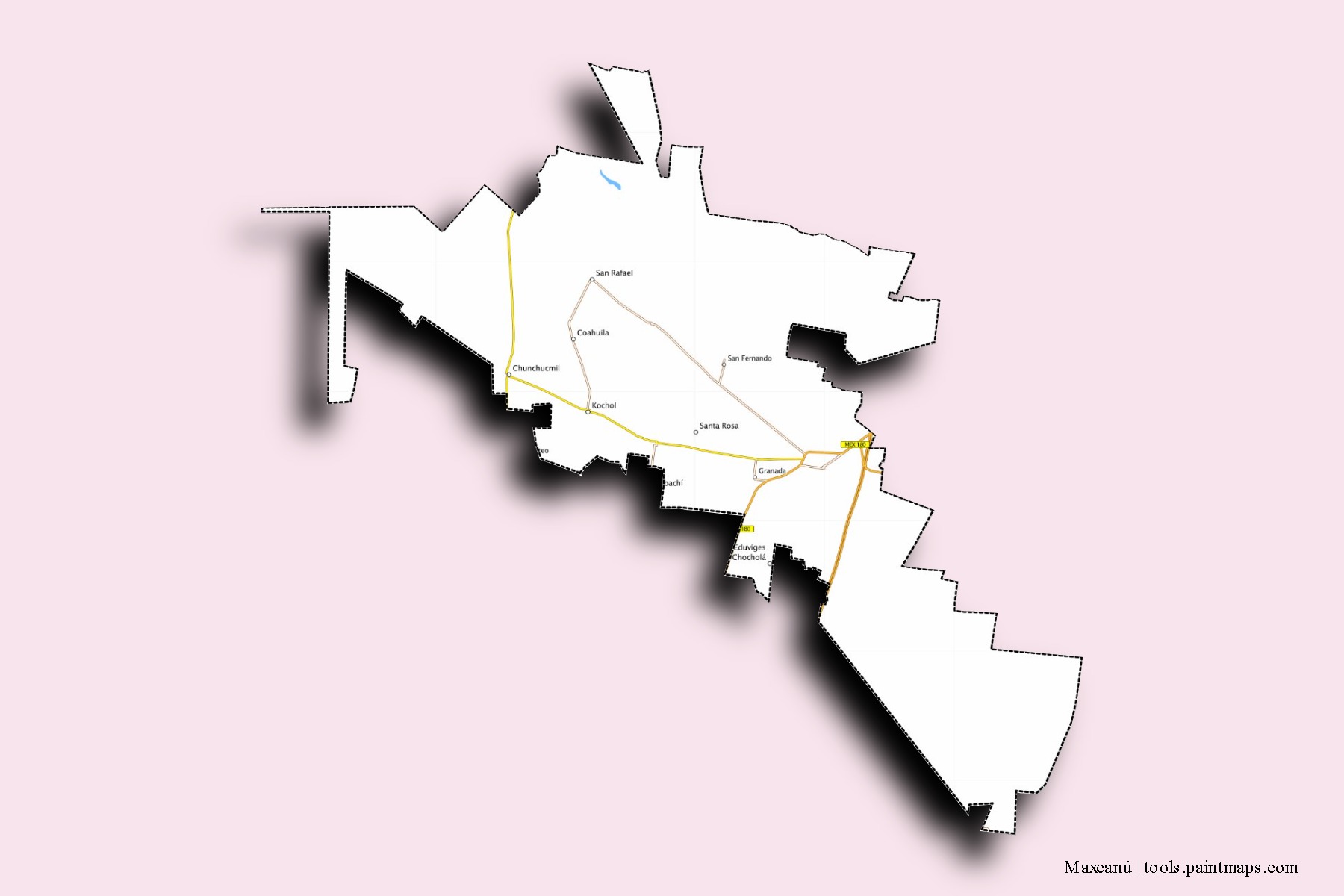 Maxcanú neighborhoods and villages map with 3D shadow effect