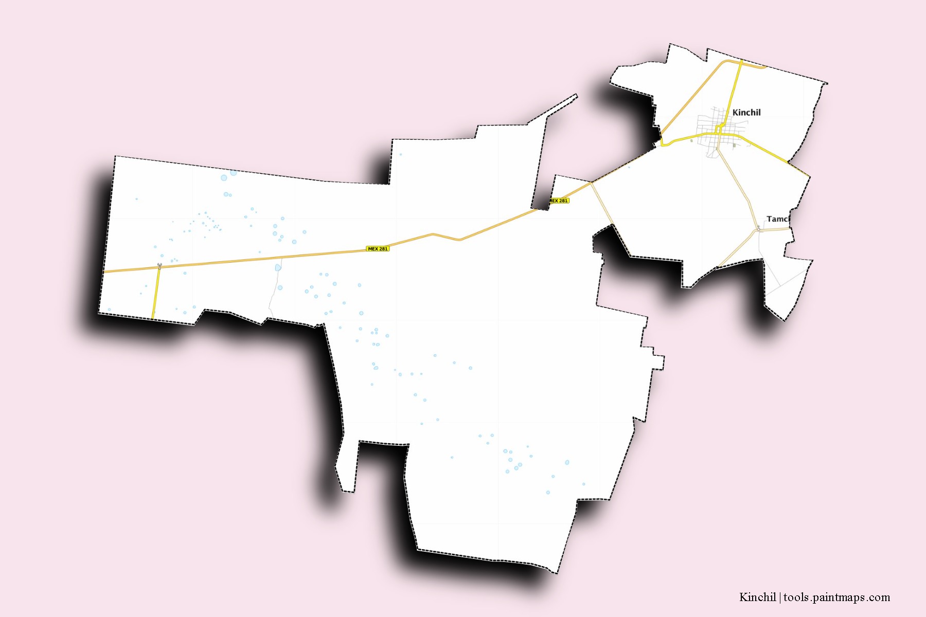 Kinchil neighborhoods and villages map with 3D shadow effect