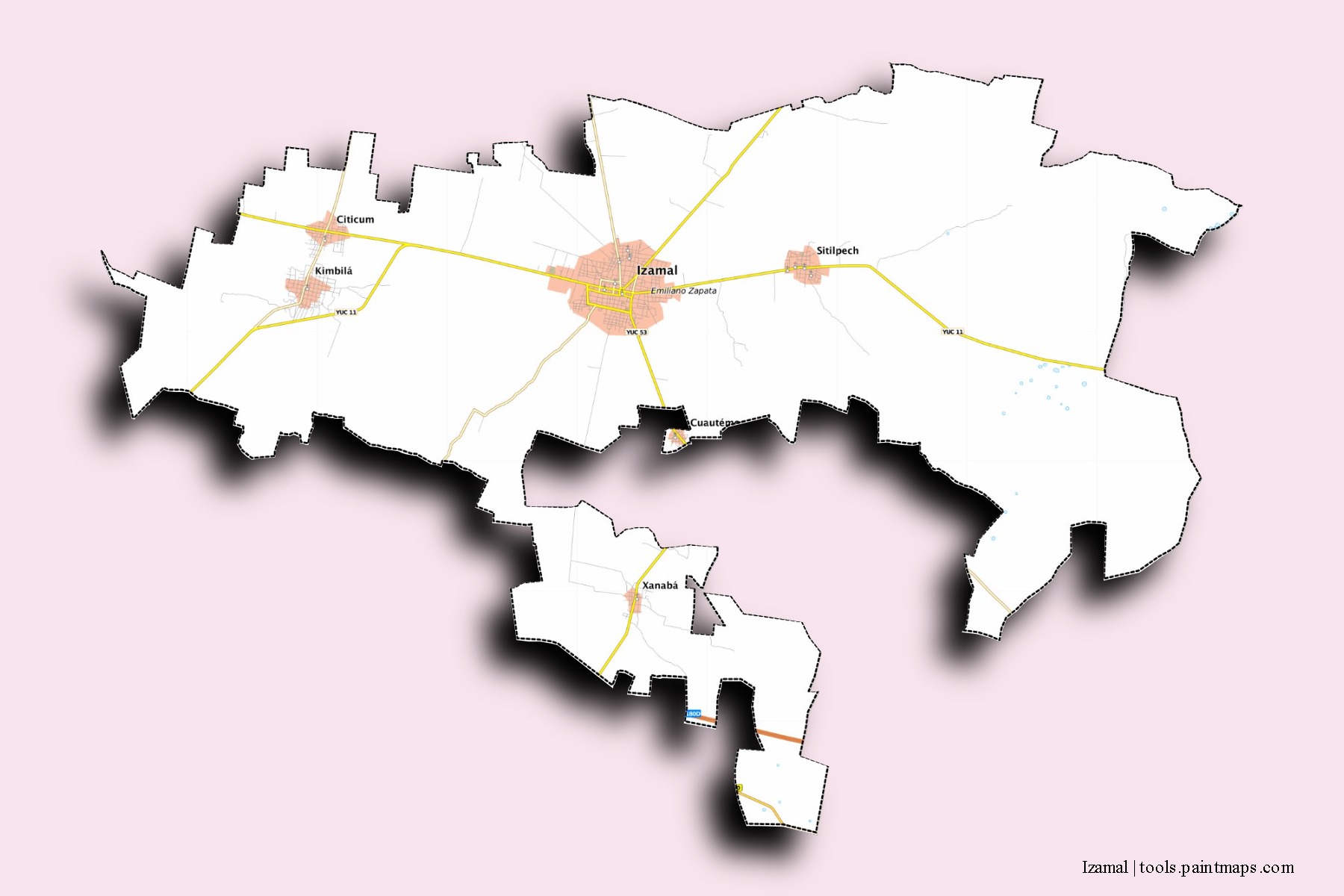 Izamal neighborhoods and villages map with 3D shadow effect