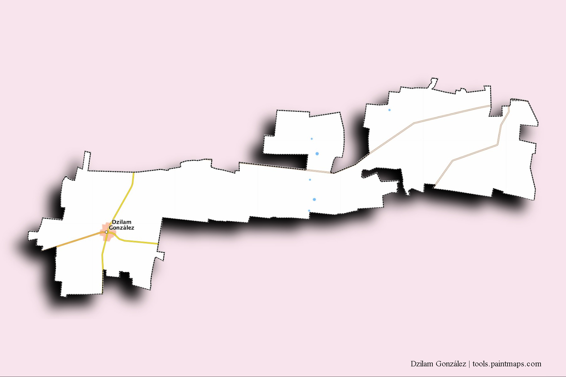 Mapa de barrios y pueblos de Dzilam González con efecto de sombra 3D