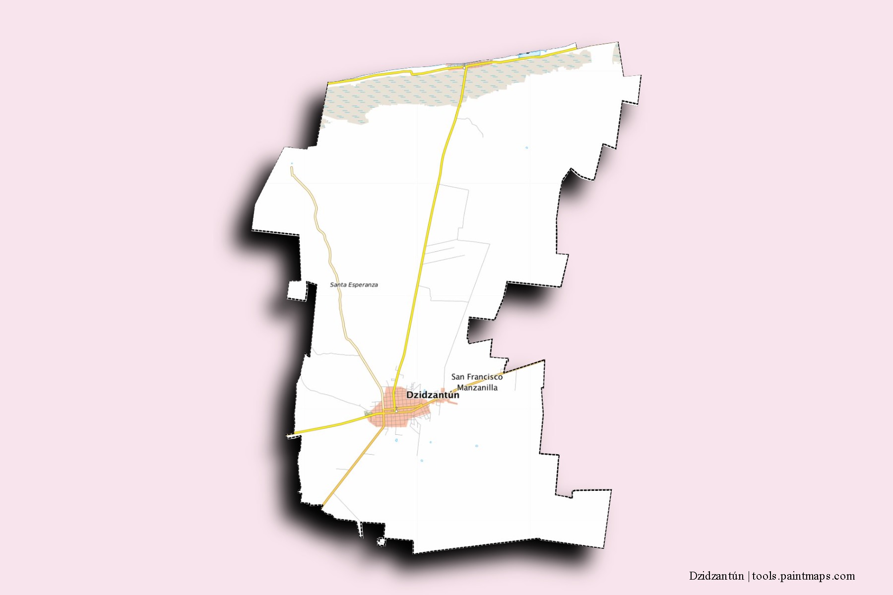 Dzidzantún neighborhoods and villages map with 3D shadow effect